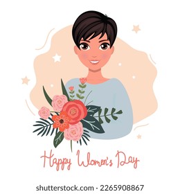 March 8, International Women's Day. A cute girl with dark hair is holding a bouquet of flowers. Vector template with an inscription. Vector illustration.