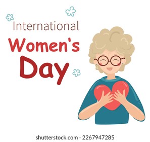March 8. International Women's Day. IVD. happy elderly woman holding a heart in her arms

