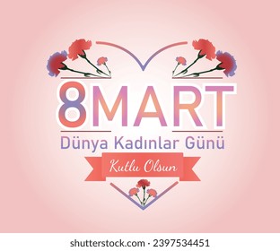 March 8 International Women's Day vector illustration decorated with carnation flowers. Banner,flyer,greeting card, beautiful postcard for March 8(Translate: 8 March Happy International Women's Day). 