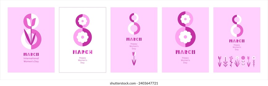 March 8, International Women's Day vector greeting cards set, collection. Simple spring stylized flowers. Modern trendy flat minimalist geometric style illustrations, pink background.