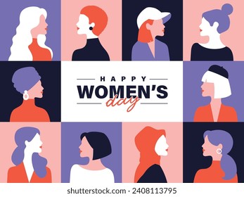 March 8, International Women's Day flat vector illustration with group of female character design.