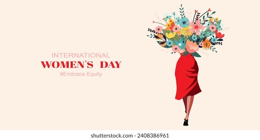 March 8, International Women's day card. A women holding flowers.