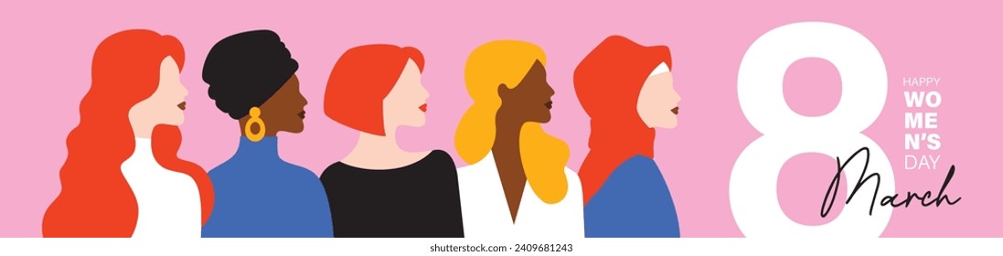 March 8, International Women's Day flat vector illustration with group of female character design.