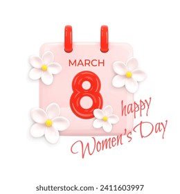 March 8. International Women's Day. Daily calendar with date. Red number 8 on pink sheet with white daisies. Cartoon style realistic 3D design. Calendar icon isolated on white. 3D vector illustration