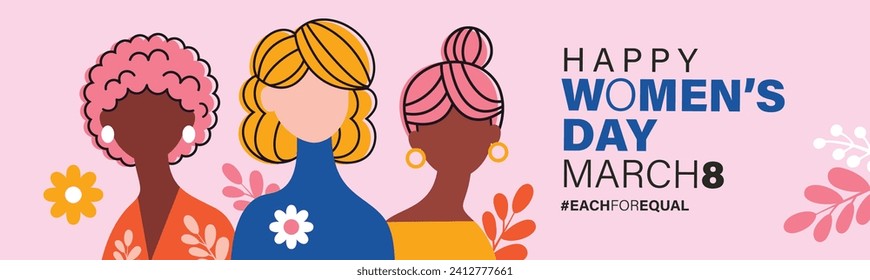 March 8, International Women's Day flat vector illustration with group of female character design.