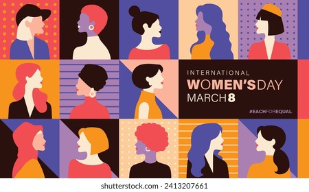 March 8, International Women's Day flat vector illustration with group of female character design.