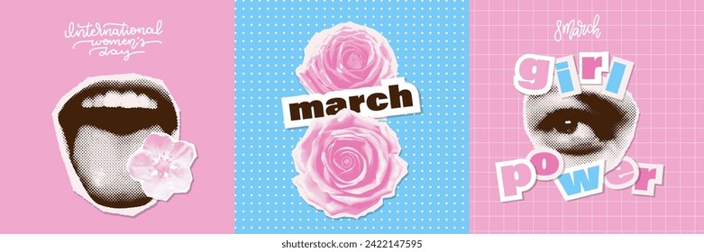 March 8 international women's day halftone collage cards set. Trendy Girl power concept. Vector illustrations. Typography banners. Background for a poster, t-shirt or banner.