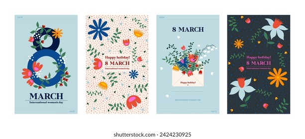 March 8. International Women's Day card. Editable set of message cards for selling invitations, stories. Vector illustration of flowers.