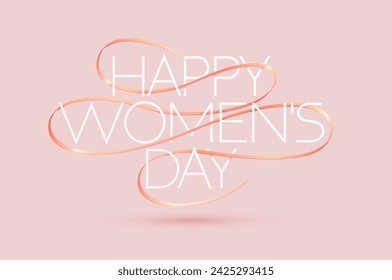 8 de marzo, día internacional de la mujer. Letras finas con elegante cinta. Diseño tipográfico de la tarjeta de felicitación.