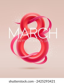 8 de marzo, día internacional de la mujer. Figura grande roja elegante ocho con inscripción de felicitación. Diseño tipográfico de la tarjeta de felicitación.