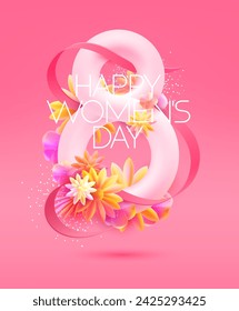 8 de marzo, día internacional de la mujer. Número ocho con flores de primavera e inscripción de felicitación. Diseño de tarjeta de felicitación brillante.