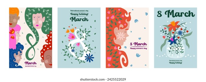 March 8. International Women's Day card. Editable set of message cards for selling invitations, stories. Vector illustration of flowers.