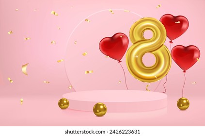 March 8, International Women's Day, Pink background with gold number 8, red balloons and tinsel and gold pearls. Pedestal stage for beauty and cosmetic product advertising.