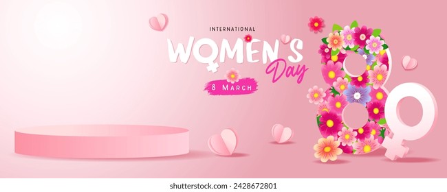 8 de marzo Banner de promoción del Día Internacional de la Mujer para demostración de productos. Plantilla de compras del día de la mujer feliz con flores y corazones de papel dulces. Ilustración de vector