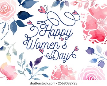 March 8. International Women's Day card. Watercolor flowers. Hand drawn. Not AI, Vector illustration.