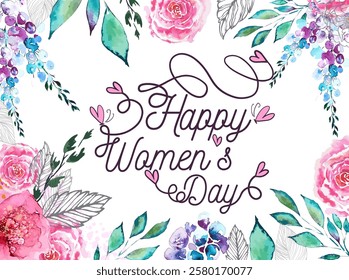 March 8. International Women's Day card. Watercolor flowers. Hand drawn. Not AI, Vector illustration.