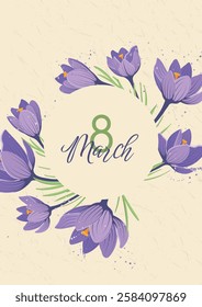 March 8, International Women's Day Postcard with beautiful spring flowers. Purple crocuses, hand drawn in flat design. Vector