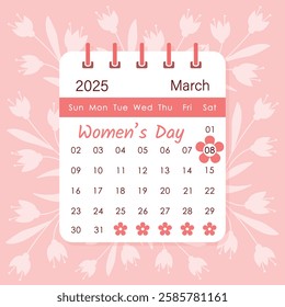 March 8 International Women's Day 2025 date, calendar page, vector illustration