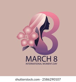 March 8 International Women's Day Celebration with Floral and Feminine Designs on a Purple Background