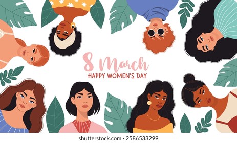 March 8. International Women's Day illustration with diverse Women. Female Portrait with leaves on white background. Vector Holiday Horizontal poster