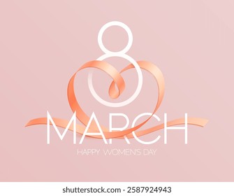 March 8 international women's day. Ribbon elegant heart with white number eight. Typographic greeting card design.