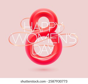 March 8 international women's day. Big red elegant figure eight with congratulatory inscription. Typographic greeting card design.
