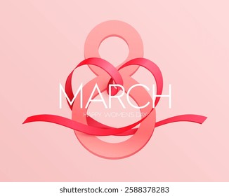 March 8 international women's day. Ribbon elegant heart with number eight. Typographic greeting card design.