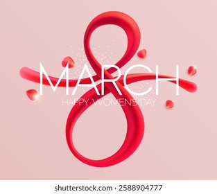 March 8 international women's day. Red elegant number eight with congratulatory inscription. Typographic greeting card design.