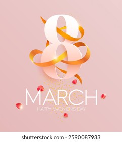 March 8 international women's day. White elegant number eight with congratulatory inscription. Typographic greeting card design.