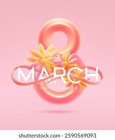 March 8 international women's day. Big pink elegant number eight with congratulatory inscription. Typographic greeting card design.