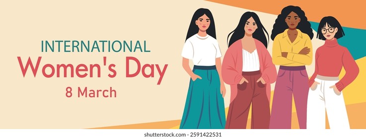 March 8. International Women's Day. Women, girls of different cultures, nationalities and skin colors stand together. Gender equality and women's empowerment. Ideal for women's projects