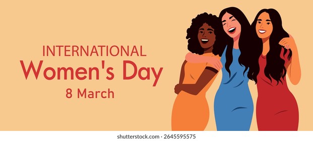 8 de março. Dia Internacional da Mulher. Dia da Igualdade. Mulheres, meninas de diferentes culturas, nacionalidades e cores de pele se abraçam, riem, se apoiam. Feminismo. Igualdade de gênero e empoderamento das mulheres
