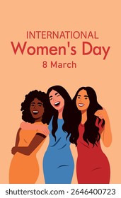 8 de março. Dia Internacional da Mulher. Mulheres, meninas de diferentes culturas, nacionalidades e cores de pele se abraçam, riem, se apoiam. Feminismo. Igualdade de gênero e empoderamento das mulheres