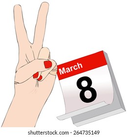 March 8, International Women's Day - Symbolic illustration depicting the hand of a woman who carries the sign of victory on the day of March 8