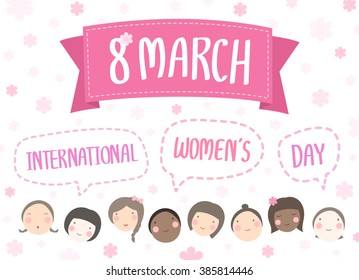 March 8 international women's day with women's faces Vector illustration