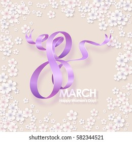 March 8 International Women's Day greeting card with ribbon and flowers. Background template. Vector illustration.