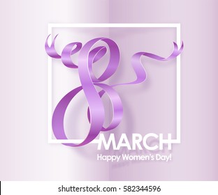March 8 International Womens Day greeting card with purple ribbon. Background template. Vector illustration.
