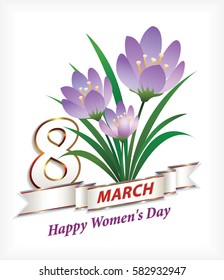 March 8, the International Women's Day with a ribbon and flowers on a light background. Vector illustration