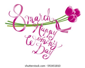 March 8 international women's day greeting card with red tulips Vector illustration