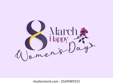 March 8 International Women's Day-themed design with a purple background, elegant typography, and a red rose detail