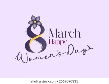 March 8 International Women's Day-themed design, featuring a purple flower detail, pastel background, and elegant typography in a stylish composition