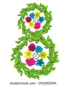 March 8 is an international women's holiday. Number eight from colors in line and spot on white isolated background. vector illustration for greeting card