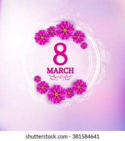 March 8 label with flowers on blurred background