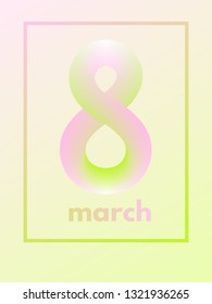 March 8 from light delicate pink green colored line with frame on white background. International Womens Day symbol. Trendy 3d figure eight for greeting card, flyer or brochure template