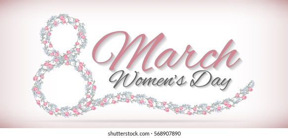 March 8, long banner. Women's day. The number eight and ribbon from flowers. Vector