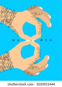 March 8. Male hand with finger symbol figure eight. Sign International Women's Day. Spring holiday