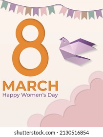 March 8 paper cut,vertical banner background design. Poster, Flyer, Greeting Card, Header for Website Vector Illustration, Template for advertising, social networks fashion advertising. 