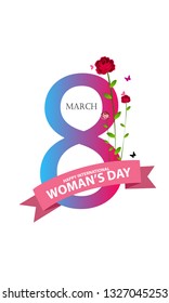 March 8, with paper flowers. Illustration can be used in the newsletter, brochures, postcards, tickets, advertisements, banners. Congratulations to the Women's Day. - Vector