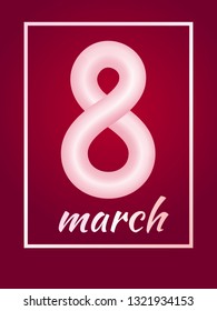 March 8 from pink abstract rounded curve with a frame on red background. International Womens Day symbol. Trendy 3d figure eight for greeting card, flyer or brochure template