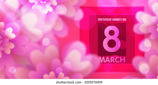 March 8. Pink defocused bokeh paper cut flower greeting banner. Origami flower holiday background. A square frame, a place for text. Happy woman's day. Fashionable design template. Vector illustration